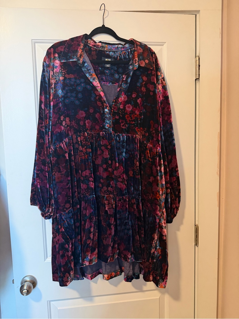 Maeve Velvet Floral Long-Sleeve Tunic Dress - Plum Multi